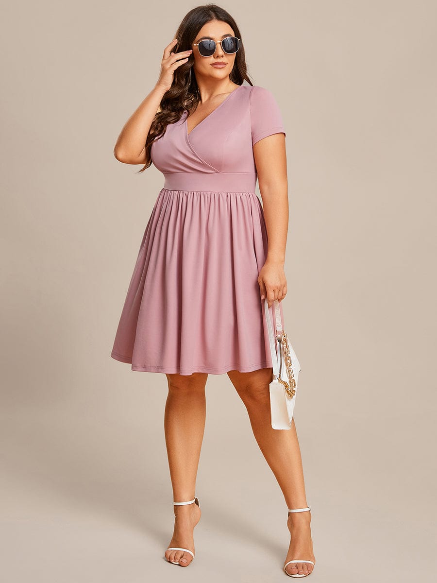 V Neck Short Sleeves A-Line Mini Summer Casual Cocktail Dress #color_Dusty Rose