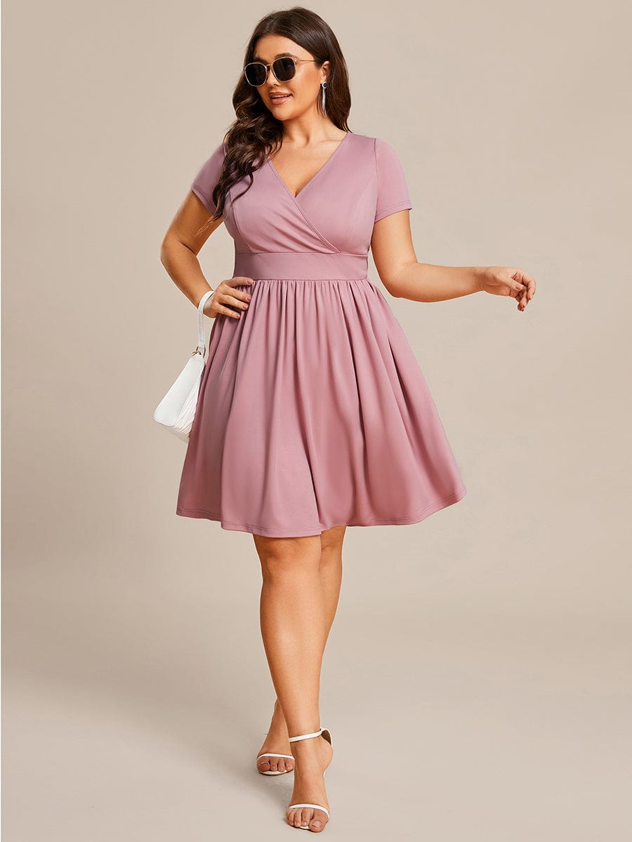 V Neck Short Sleeves A-Line Mini Summer Casual Cocktail Dress #color_Dusty Rose