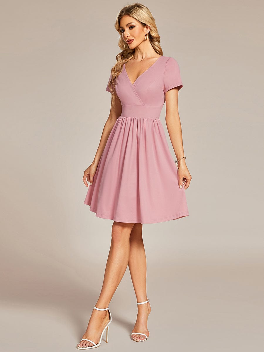 V Neck Short Sleeves A-Line Mini Summer Casual Cocktail Dress #color_Dusty Rose