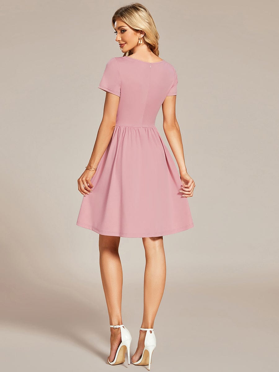 V Neck Short Sleeves A-Line Mini Summer Casual Cocktail Dress #color_Dusty Rose