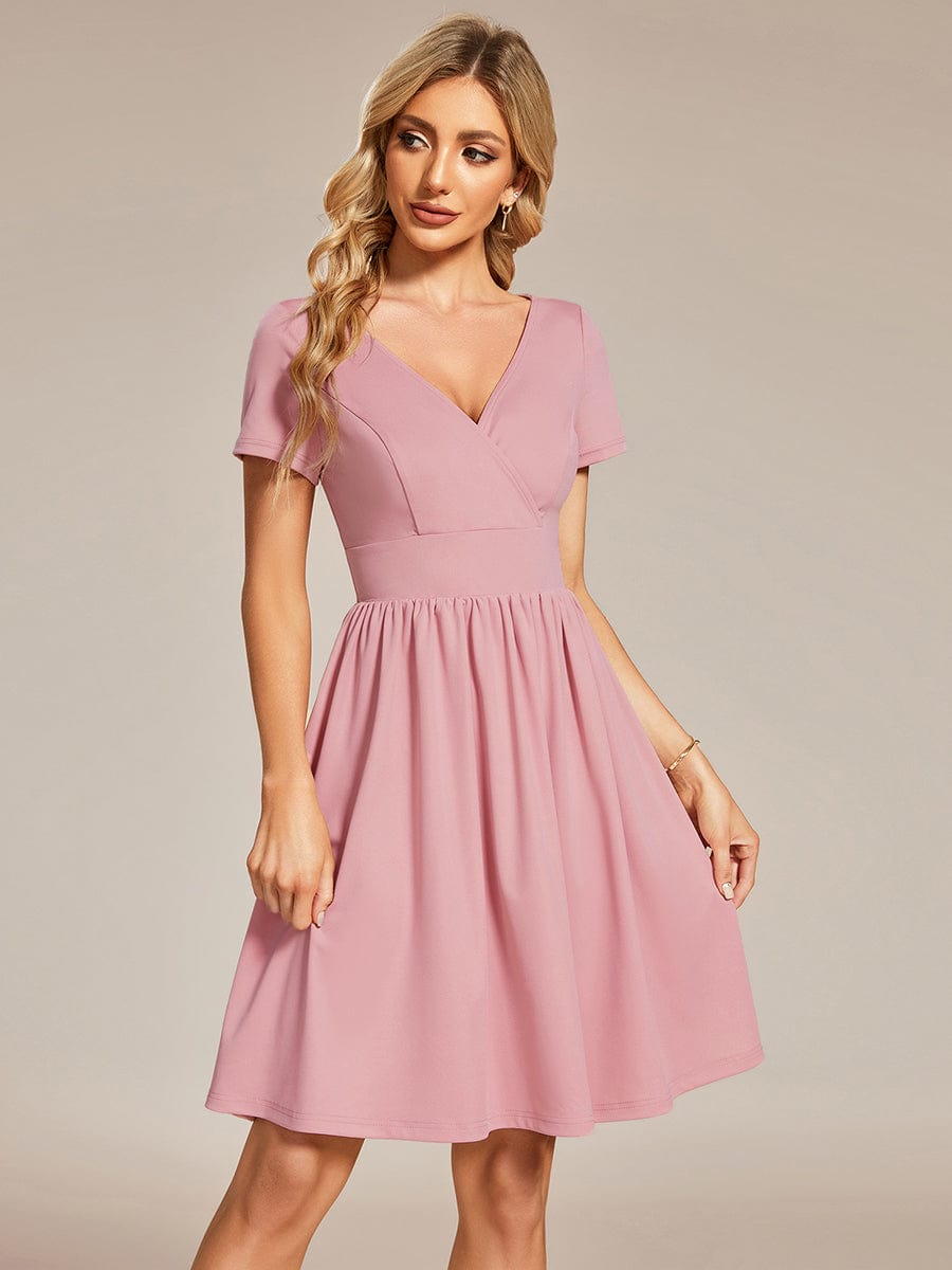 V Neck Short Sleeves A-Line Mini Summer Casual Cocktail Dress #color_Dusty Rose