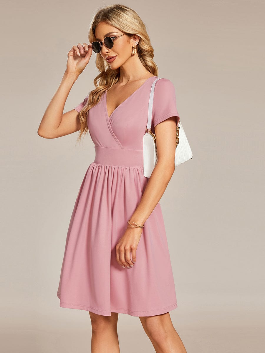 V Neck Short Sleeves A-Line Mini Summer Casual Cocktail Dress #color_Dusty Rose