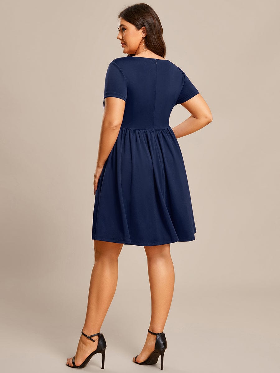 V Neck Short Sleeves A-Line Mini Summer Casual Cocktail Dress #color_Navy Blue