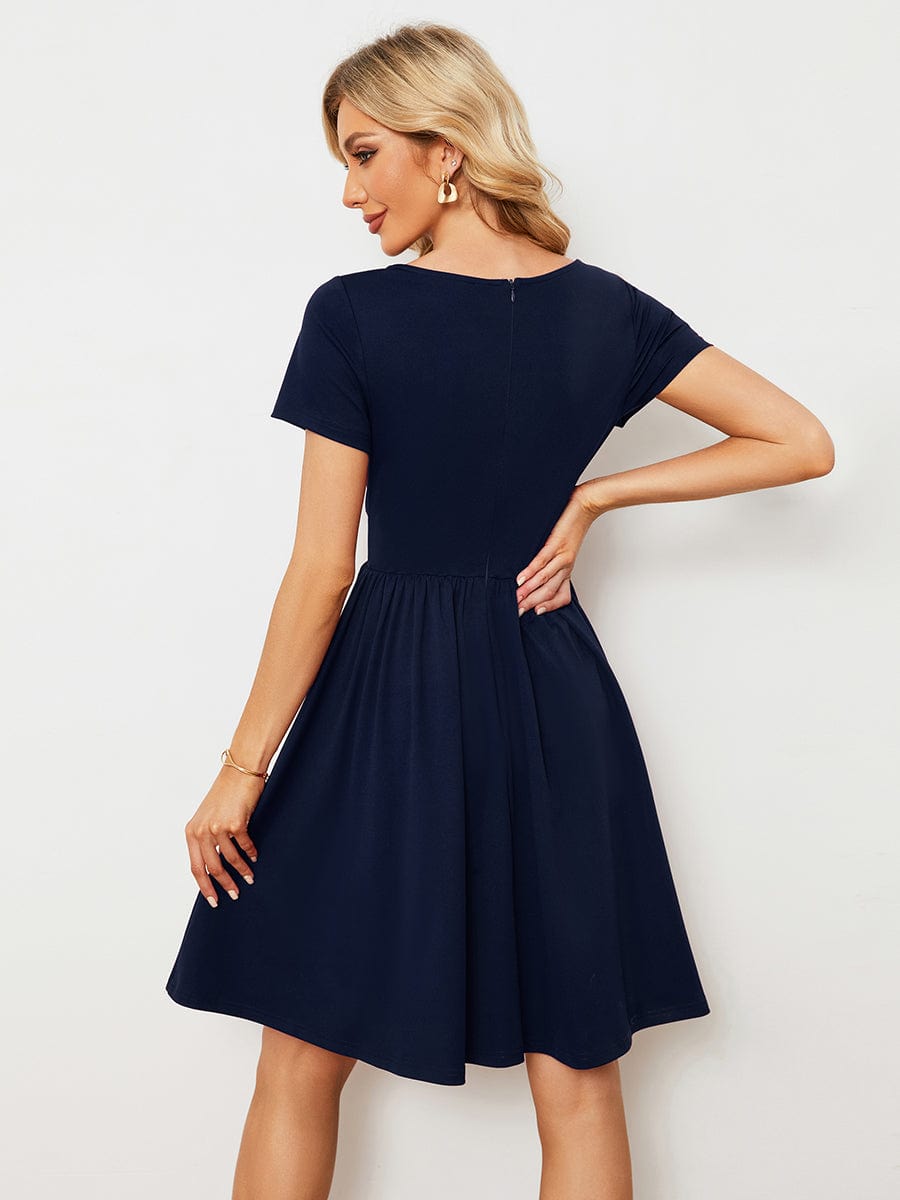 V Neck Short Sleeves A-Line Mini Summer Casual Cocktail Dress #color_Navy Blue