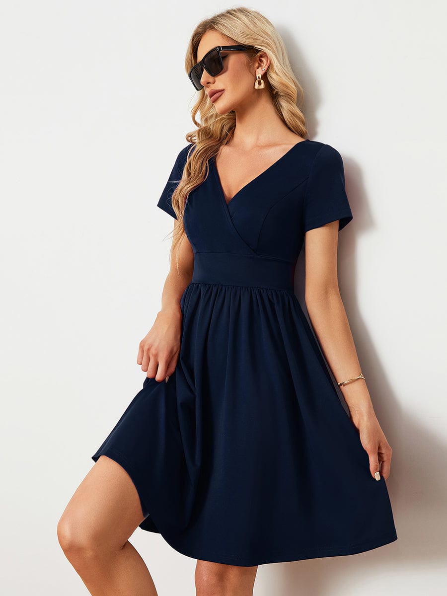 V Neck Short Sleeves A-Line Mini Summer Casual Cocktail Dress #color_Navy Blue