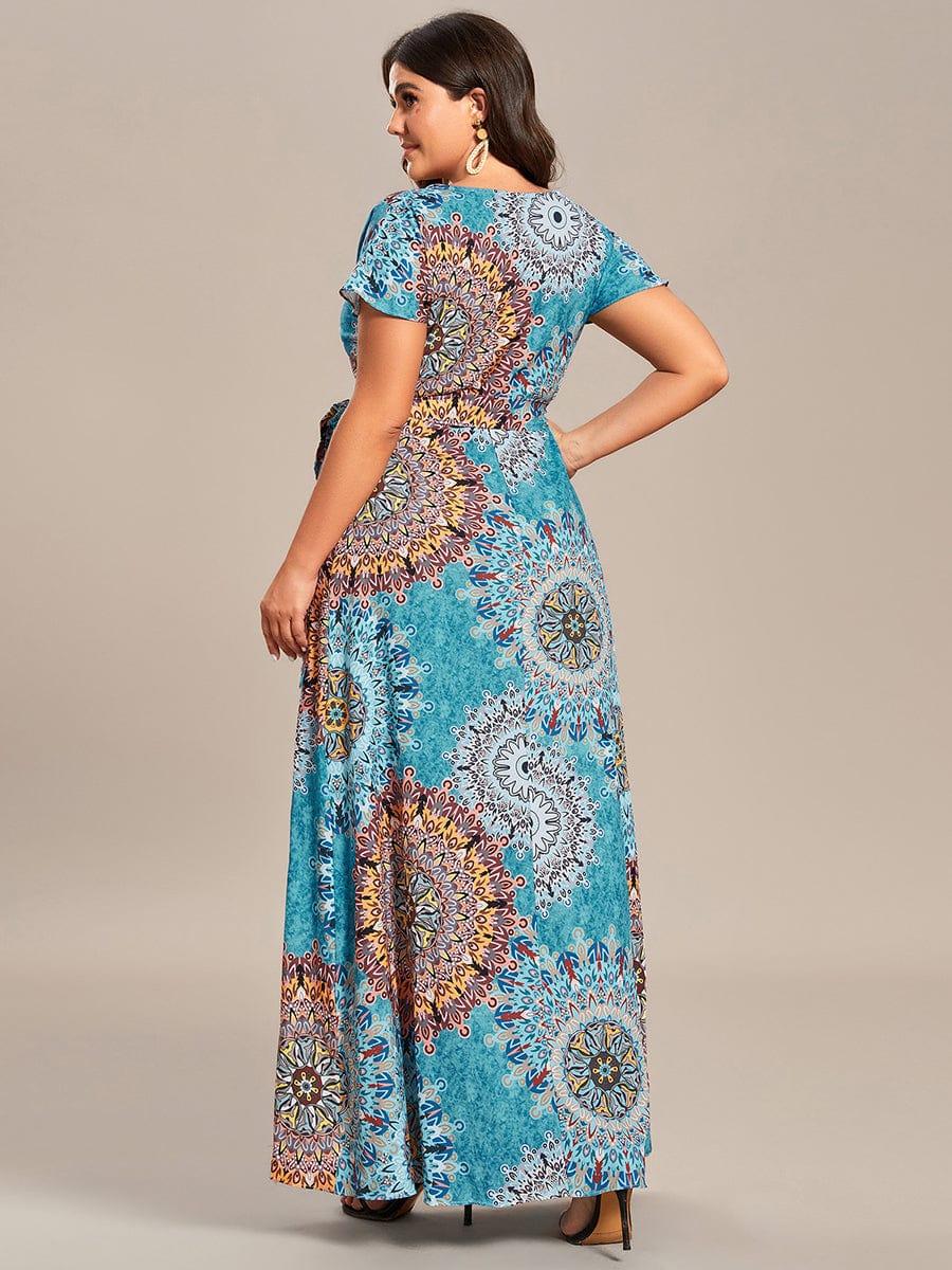 One-Piece Printed Short Sleeve Tie-Waist Wedding Guest Dress #color_Bohemian Light Blue