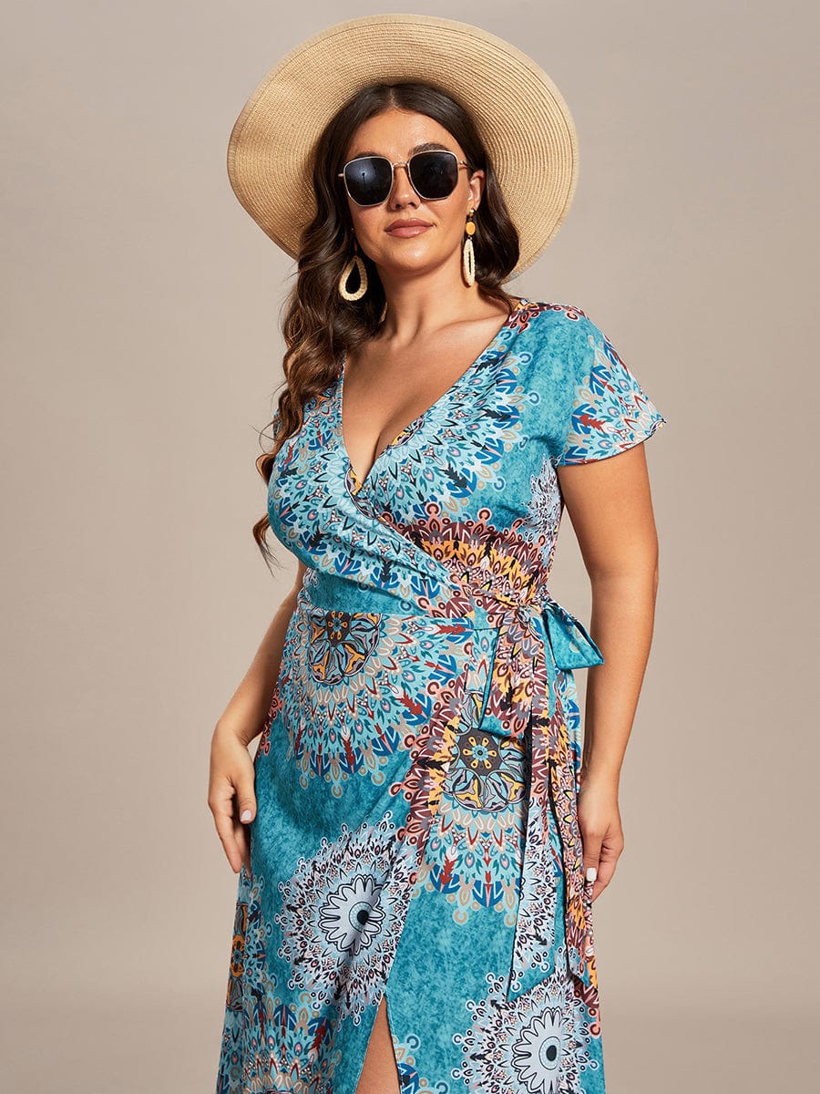 One-Piece Printed Short Sleeve Tie-Waist Wedding Guest Dress #color_Bohemian Light Blue