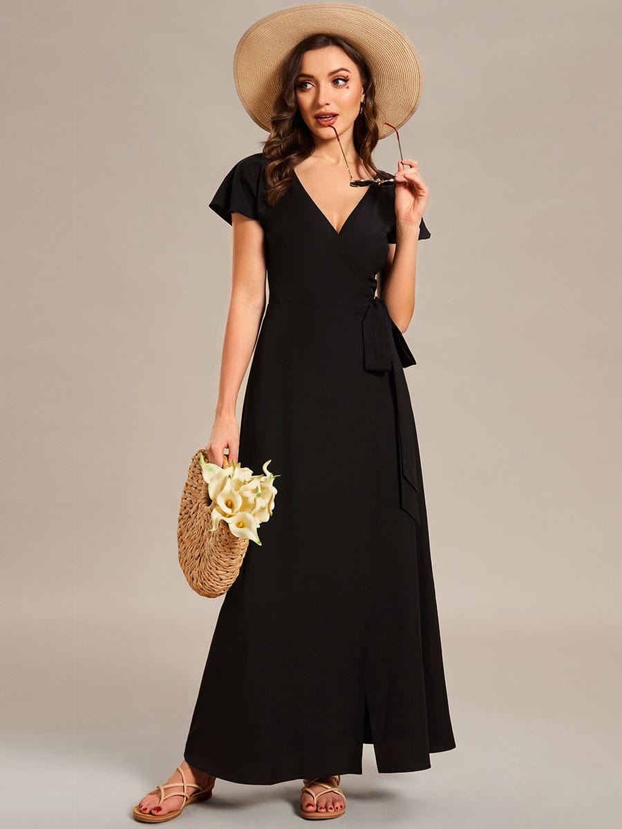 One-Piece Printed Short Sleeve Tie-Waist Wedding Guest Dress #color_Black