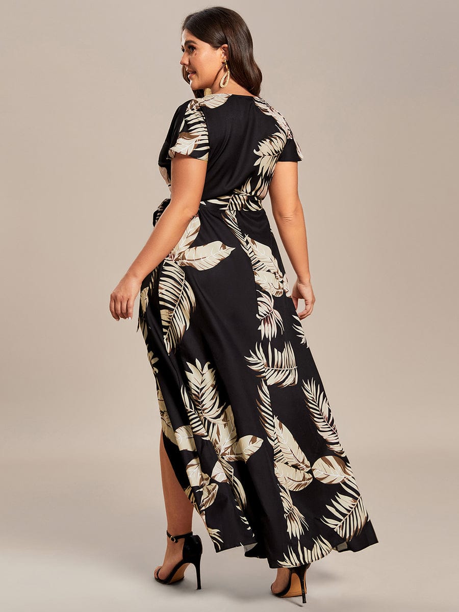 One-Piece Printed Short Sleeve Tie-Waist Wedding Guest Dress #color_Black and Printed