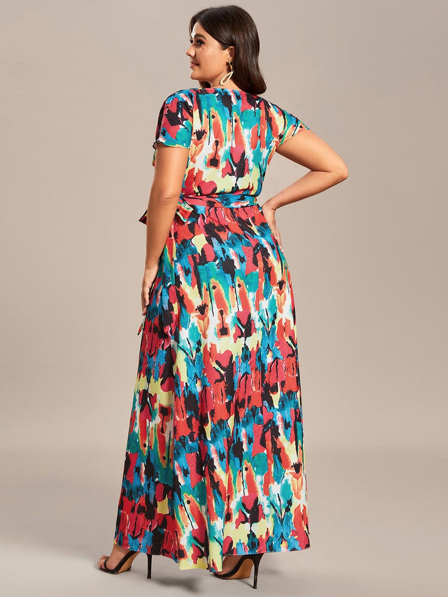 One-Piece Printed Short Sleeve Tie-Waist Wedding Guest Dress #color_Multicolor