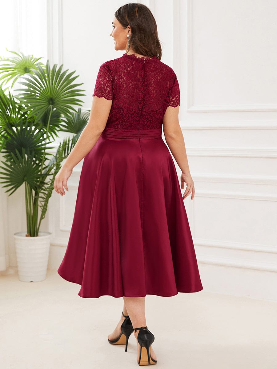 Embroidered Floral V Neck Short Sleeves Midi A-Line Formal Dress #color_Burgundy