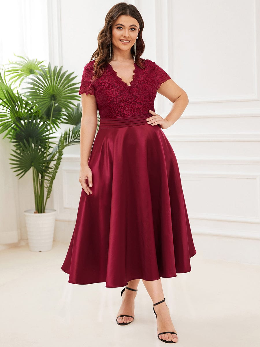 Embroidered Floral V Neck Short Sleeves Midi A-Line Formal Dress #color_Burgundy