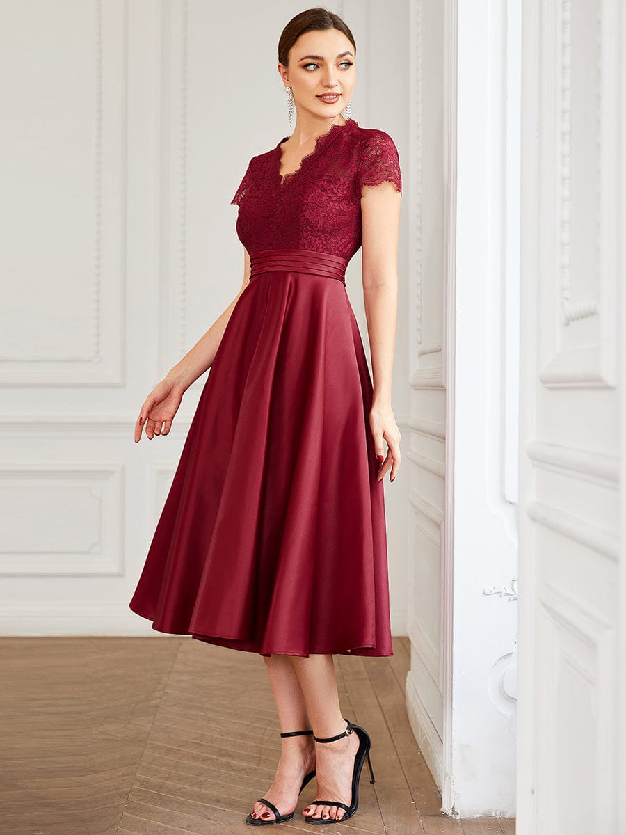 Embroidered Floral V Neck Short Sleeves Midi A-Line Formal Dress #color_Burgundy