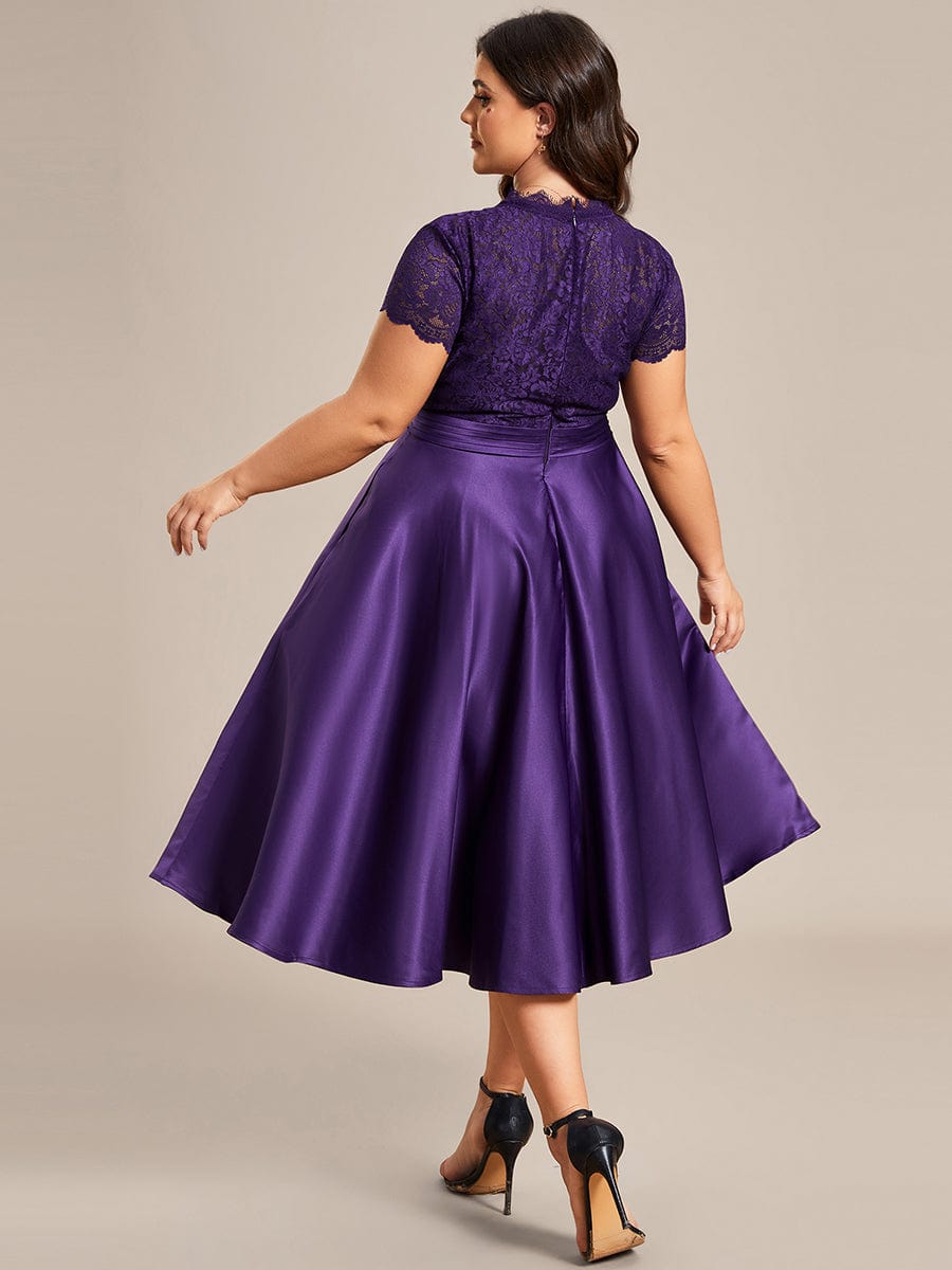 Embroidered Floral V Neck Short Sleeves Midi A-Line Formal Dress #color_Dark Purple