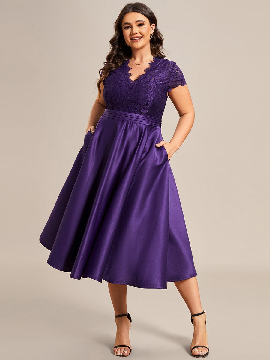 Embroidered Floral V Neck Short Sleeves Midi A-Line Formal Dress #color_Dark Purple