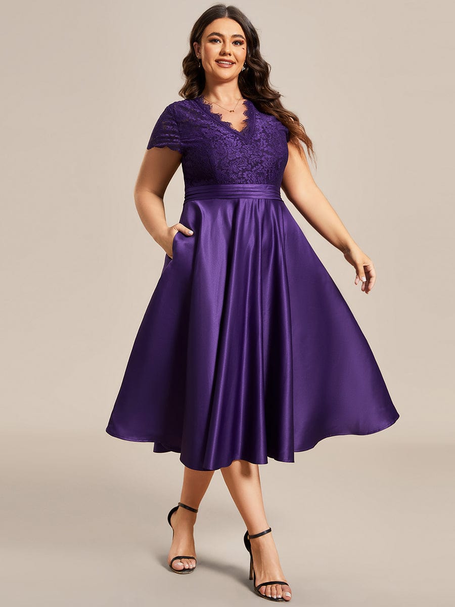 Embroidered Floral V Neck Short Sleeves Midi A-Line Formal Dress #color_Dark Purple