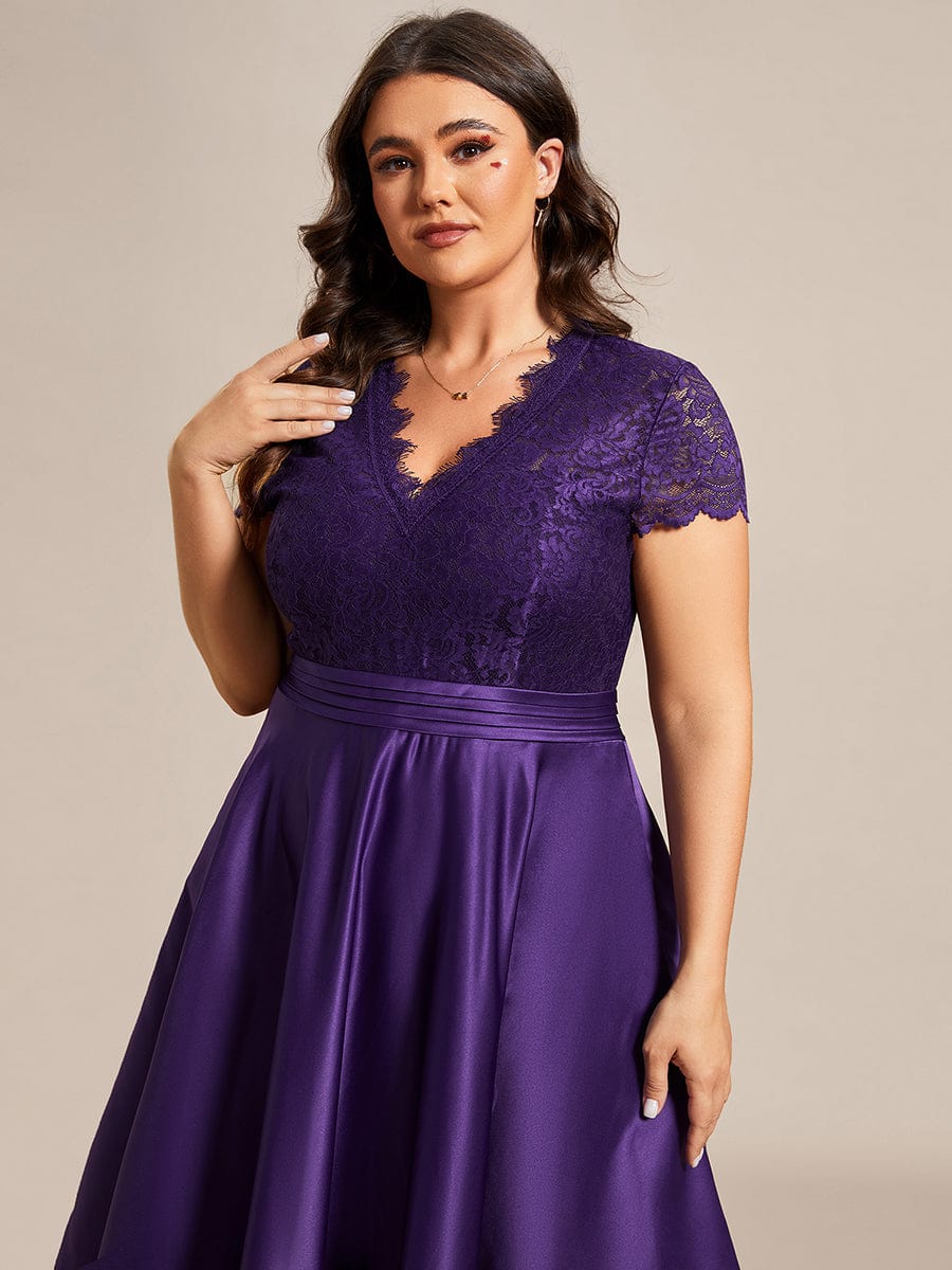 Embroidered Floral V Neck Short Sleeves Midi A-Line Formal Dress #color_Dark Purple