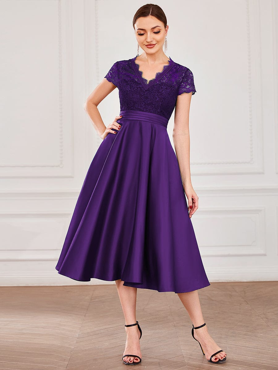 Embroidered Floral V Neck Short Sleeves Midi A-Line Formal Dress #color_Dark Purple