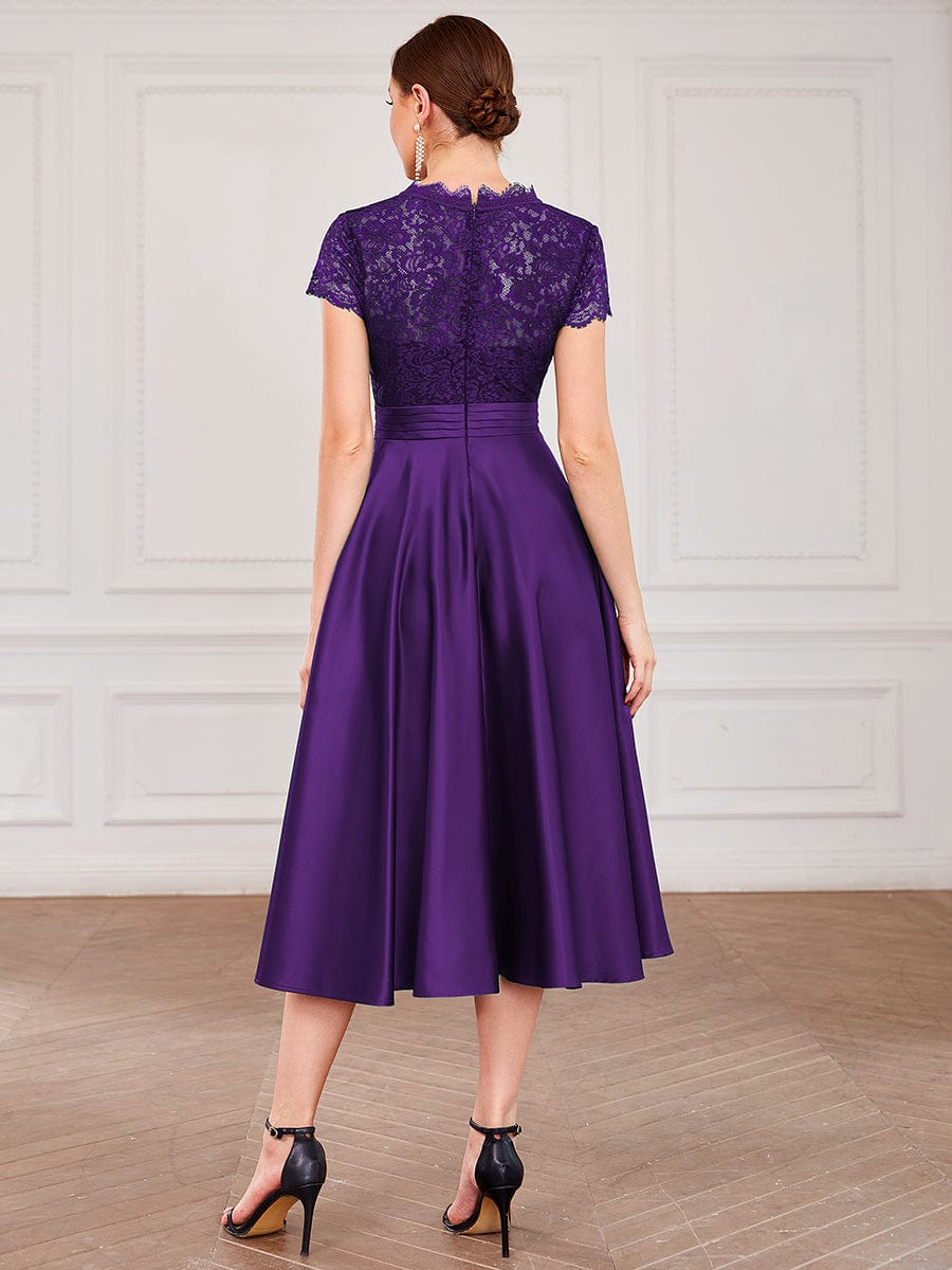 Embroidered Floral V Neck Short Sleeves Midi A-Line Formal Dress #color_Dark Purple