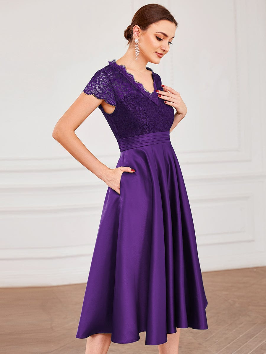 Embroidered Floral V Neck Short Sleeves Midi A-Line Formal Dress #color_Dark Purple