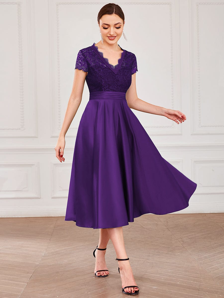 Embroidered Floral V Neck Short Sleeves Midi A-Line Formal Dress #color_Dark Purple