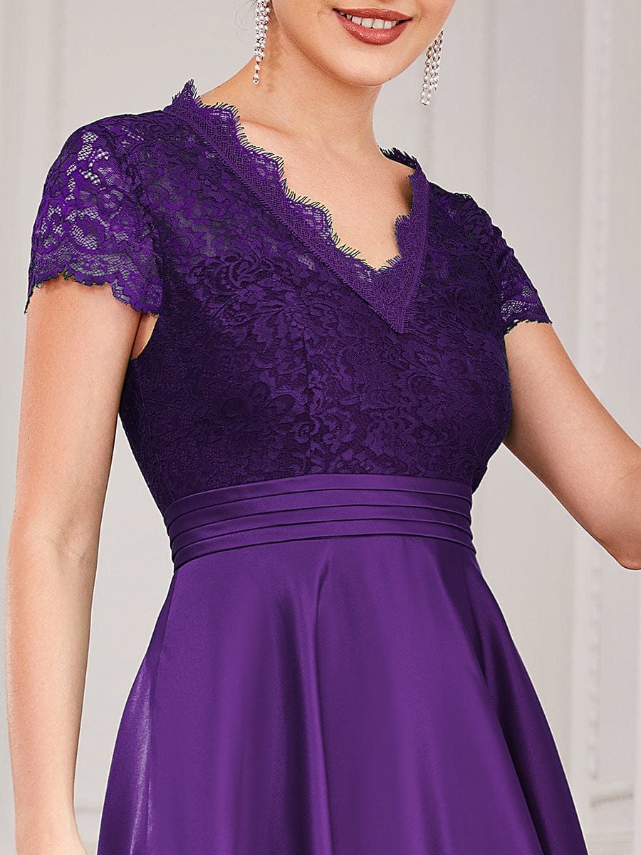 Embroidered Floral V Neck Short Sleeves Midi A-Line Formal Dress #color_Dark Purple