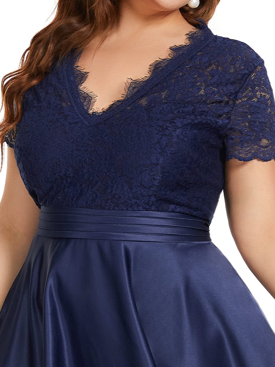 Plus Size Lace Cap Sleeve V neck Midi Cocktail Dress #color_Navy Blue