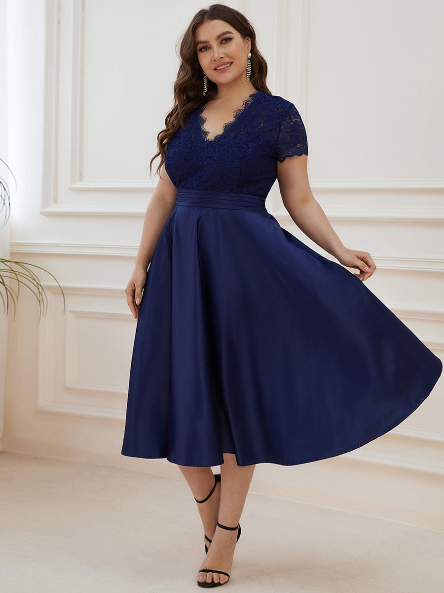 Embroidered Floral V Neck Short Sleeves Midi A-Line Formal Dress #color_Navy Blue