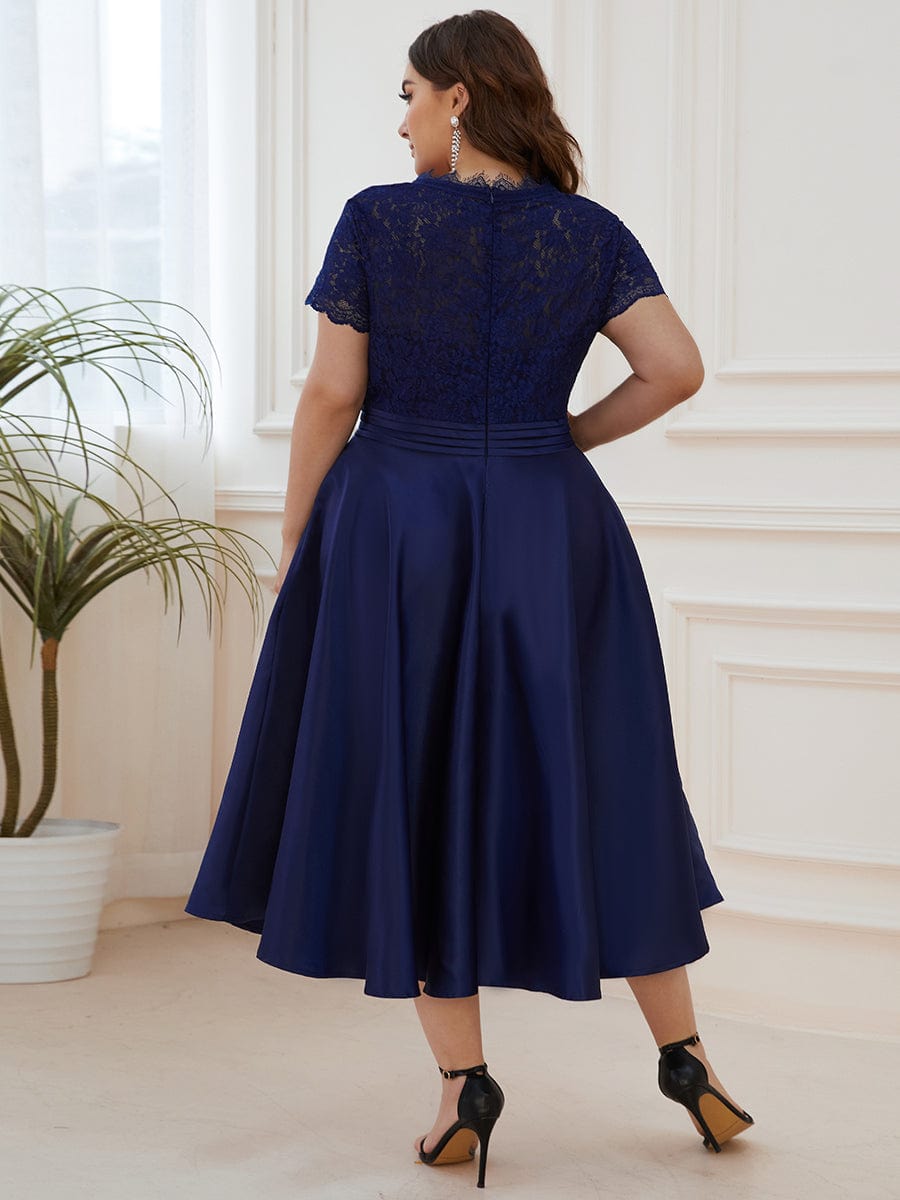 Plus Size Lace Cap Sleeve V neck Midi Cocktail Dress #color_Navy Blue