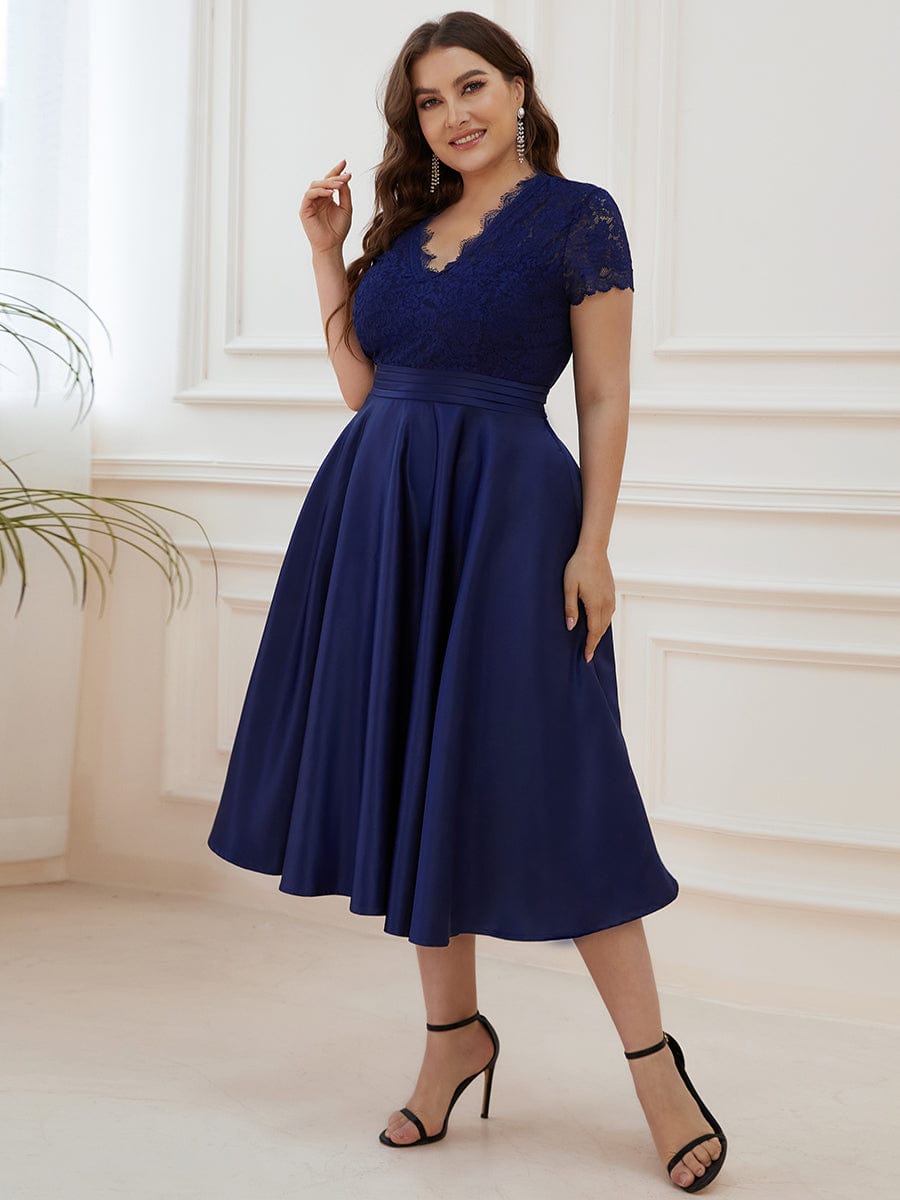 Plus Size Lace Cap Sleeve V neck Midi Cocktail Dress #color_Navy Blue