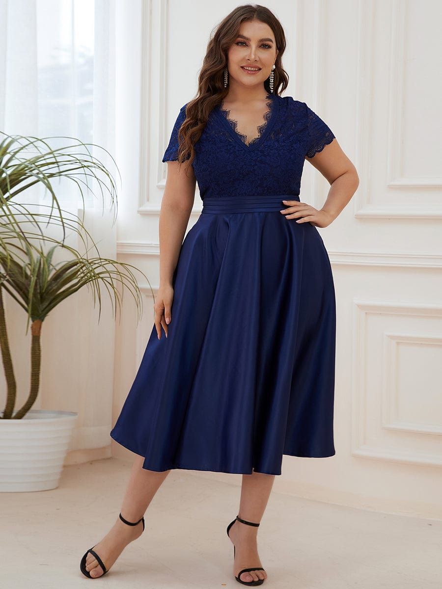 Embroidered Floral V Neck Short Sleeves Midi A-Line Formal Dress #color_Navy Blue