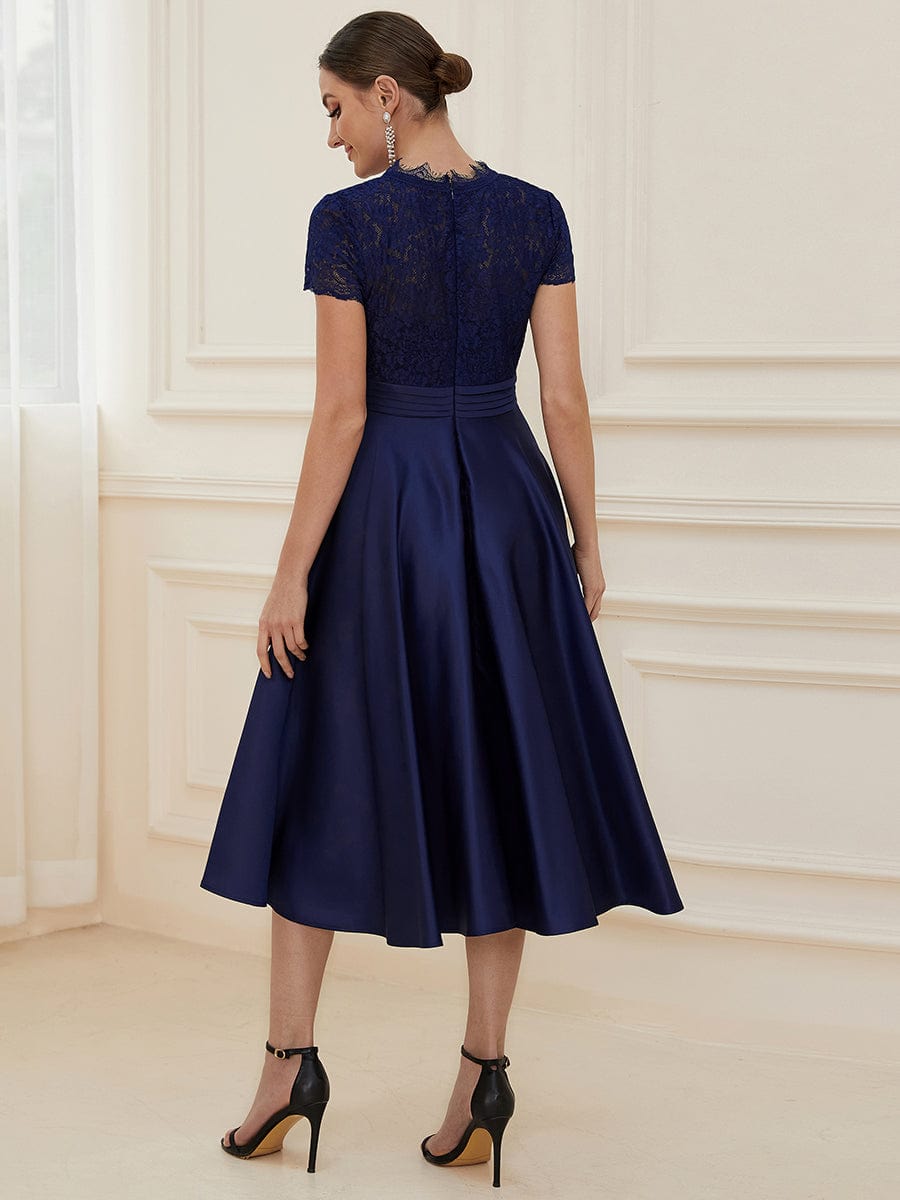 Embroidered Floral V Neck Short Sleeves Midi A-Line Formal Dress #color_Navy Blue