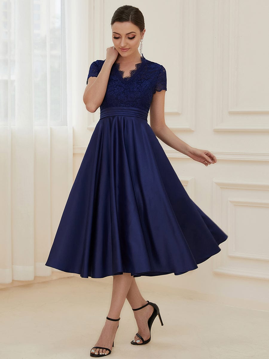 Embroidered Floral V Neck Short Sleeves Midi A-Line Formal Dress #color_Navy Blue