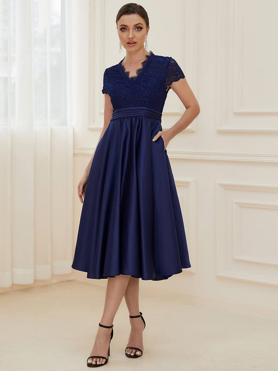 Embroidered Floral V Neck Short Sleeves Midi A-Line Formal Dress #color_Navy Blue