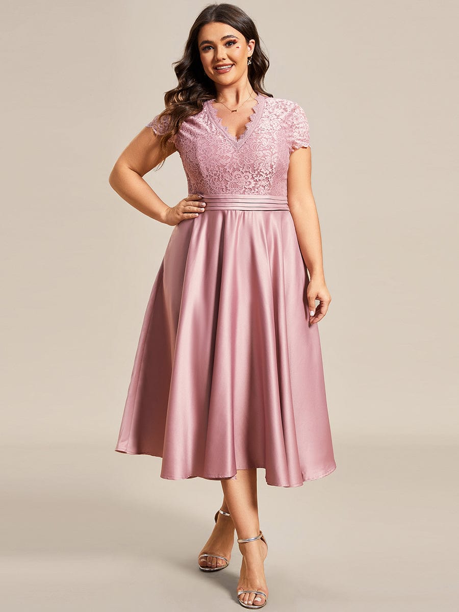 Embroidered Floral V Neck Short Sleeves Midi A-Line Formal Dress #color_Purple Orchid