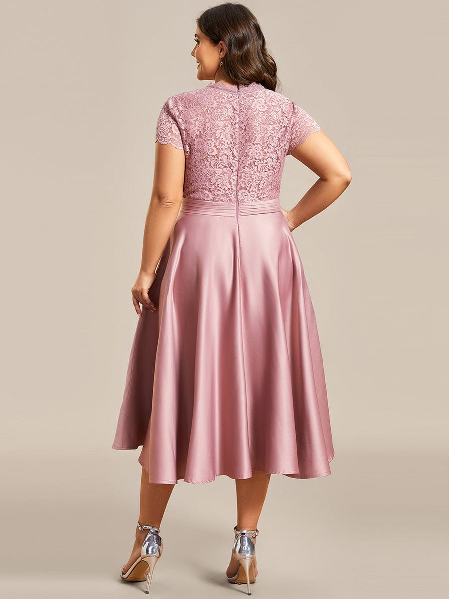 Plus Size Lace Cap Sleeve V neck Midi Cocktail Dress #color_Purple Orchid