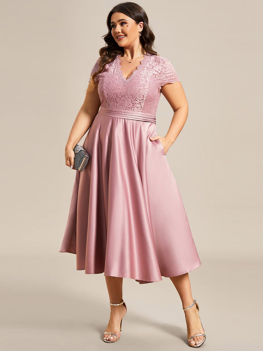 Plus Size Lace Cap Sleeve V neck Midi Cocktail Dress #color_Purple Orchid