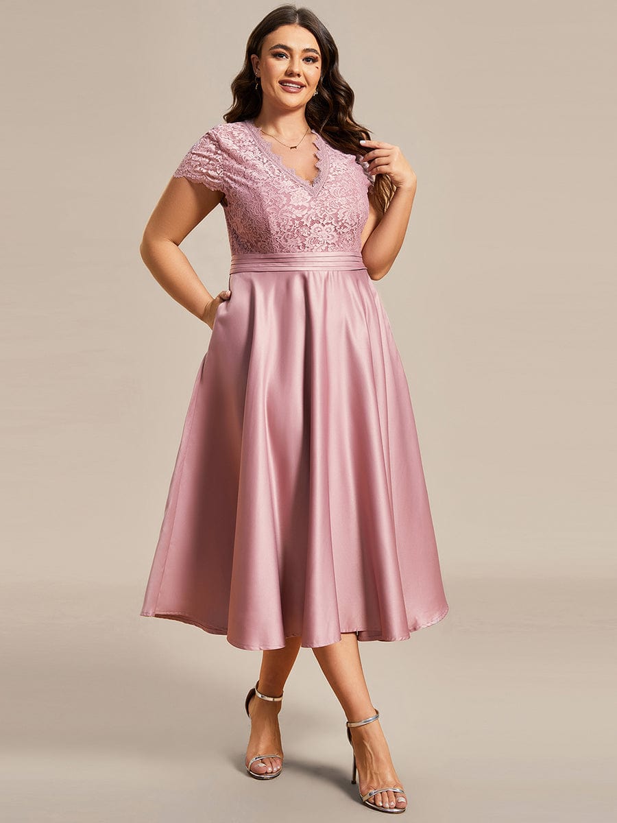 Plus Size Lace Cap Sleeve V neck Midi Cocktail Dress #color_Purple Orchid