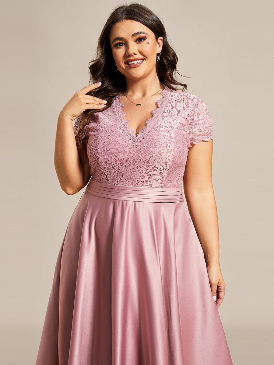 Plus Size Lace Cap Sleeve V neck Midi Cocktail Dress #color_Purple Orchid