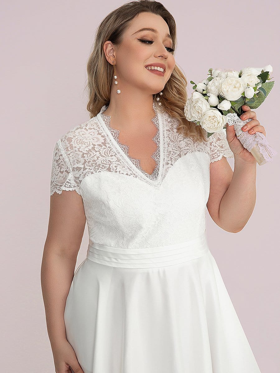 Plus Size Lace Cap Sleeve V neck Midi Cocktail Dress #color_White