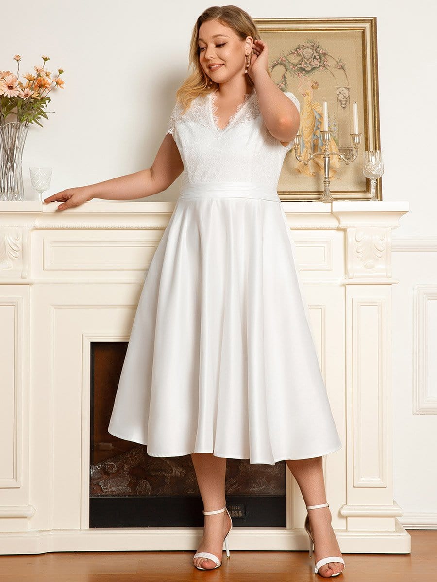 Plus Size Lace Cap Sleeve V neck Midi Cocktail Dress #color_White