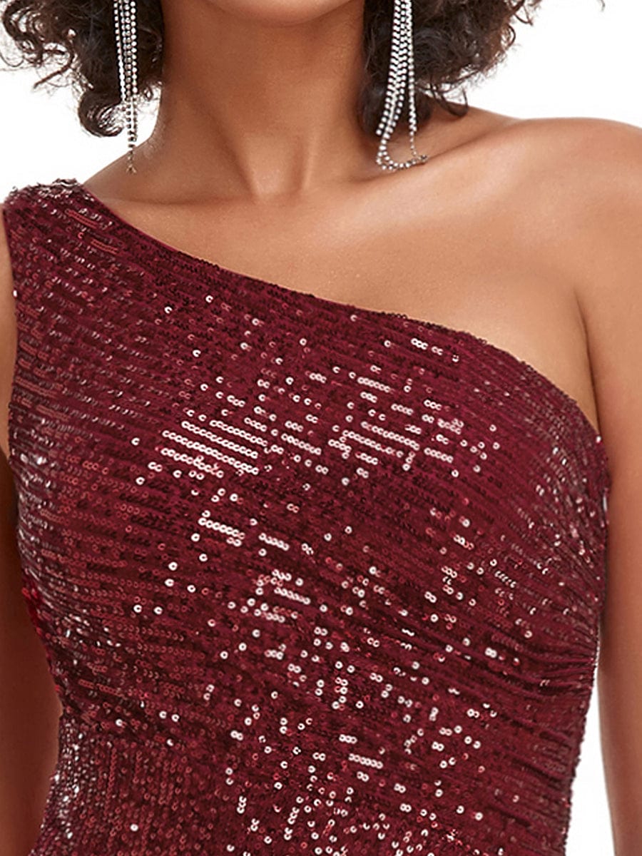 Custom Size Stunning Sequins One-Shoulder Floor Length Evening Dress with Split #color_Burgundy