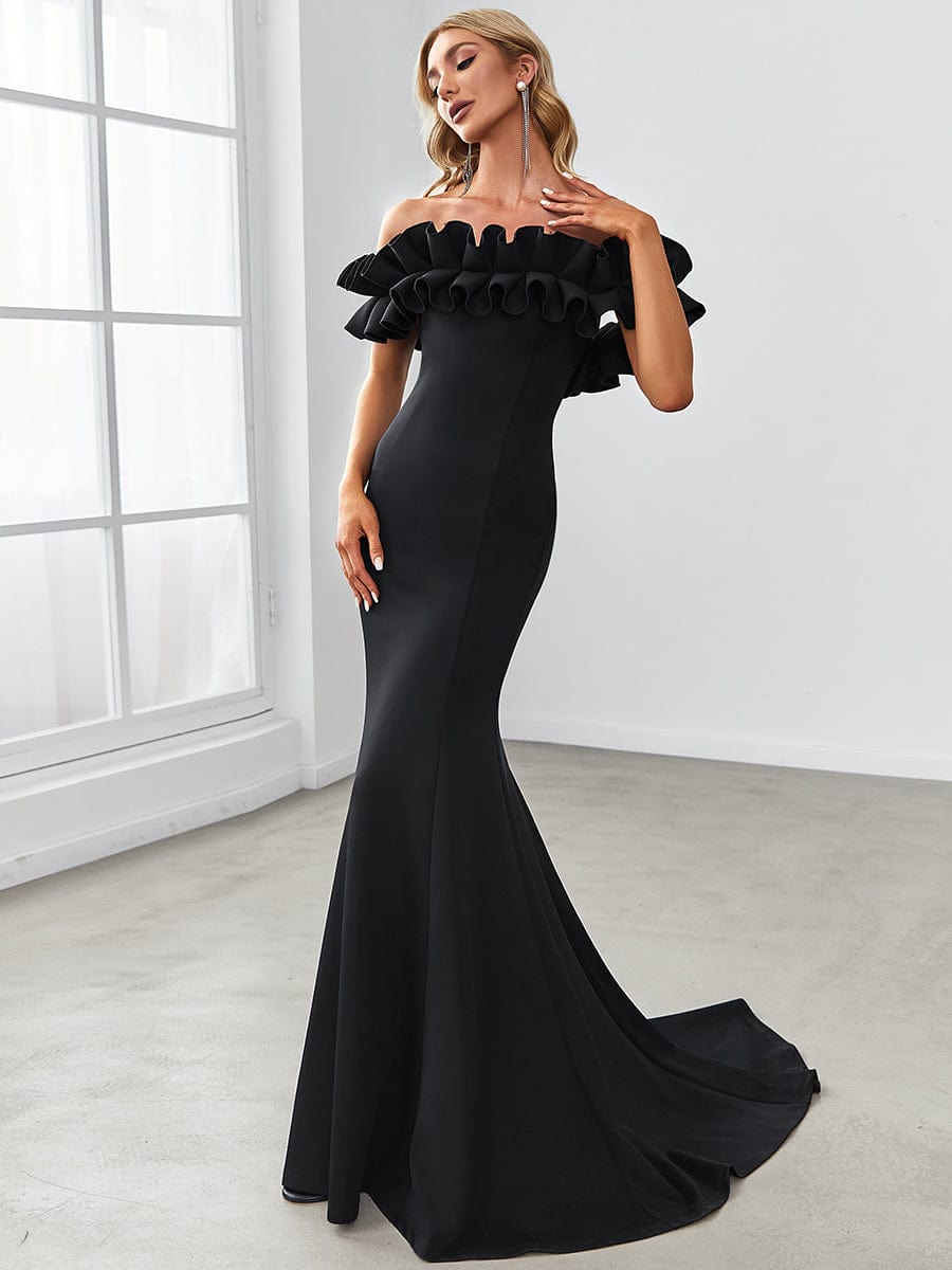 Sweet Ruffled Off Shoulder Mermaid Maxi Evening Dress #color_Black