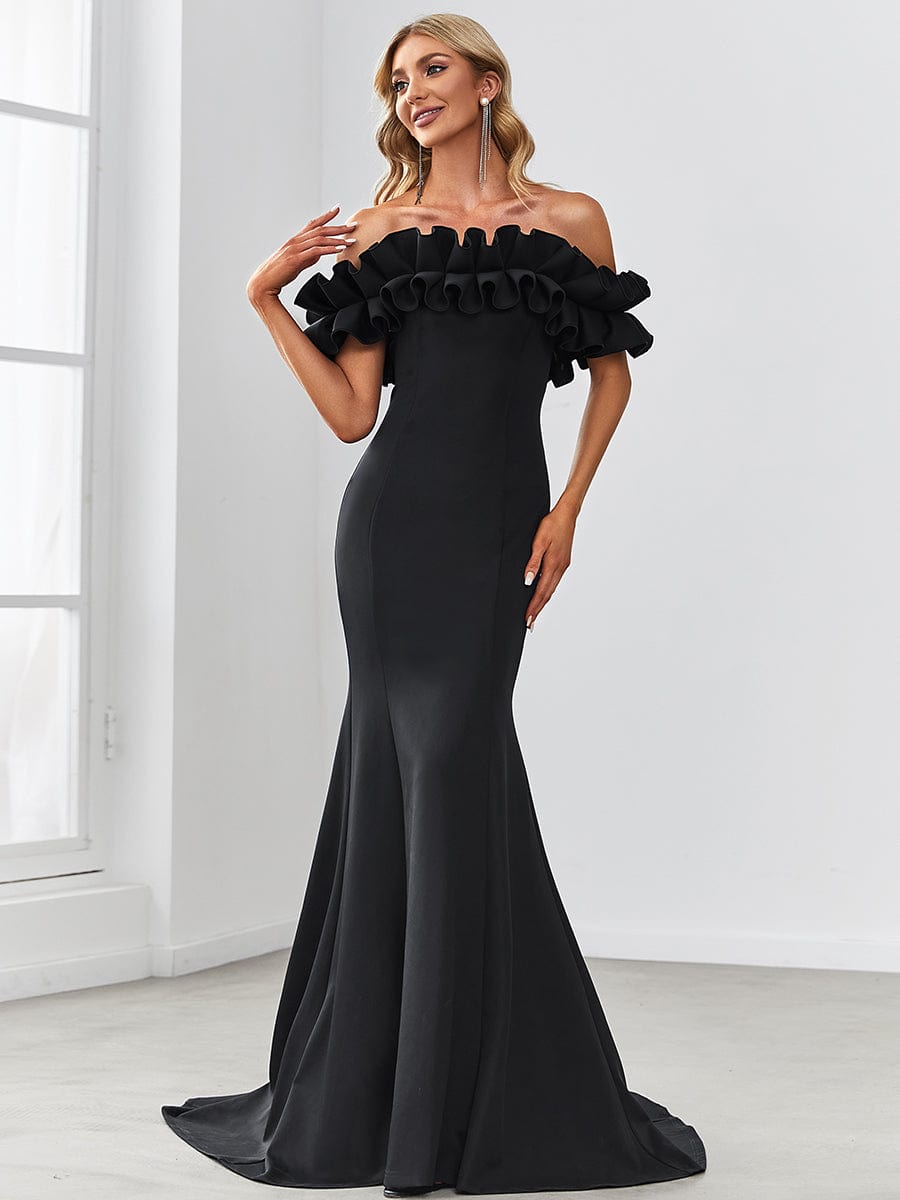 Sweet Ruffled Off Shoulder Mermaid Maxi Evening Dress #color_Black