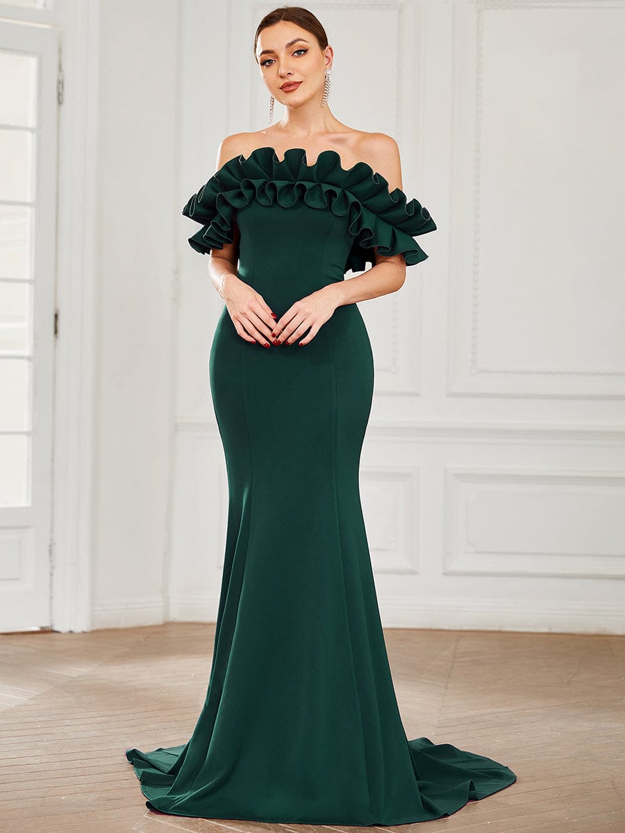 Sweet Ruffled Off Shoulder Mermaid Maxi Evening Dress #color_Dark Green