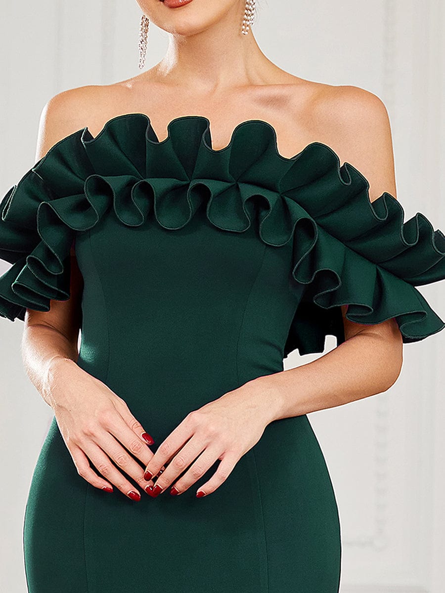 Sweet Ruffled Off Shoulder Mermaid Maxi Evening Dress #color_Dark Green