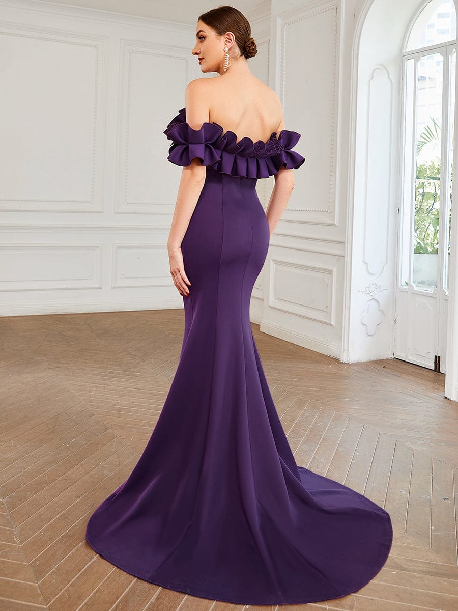 Sweet Ruffled Off Shoulder Mermaid Maxi Evening Dress #color_Dark Purple