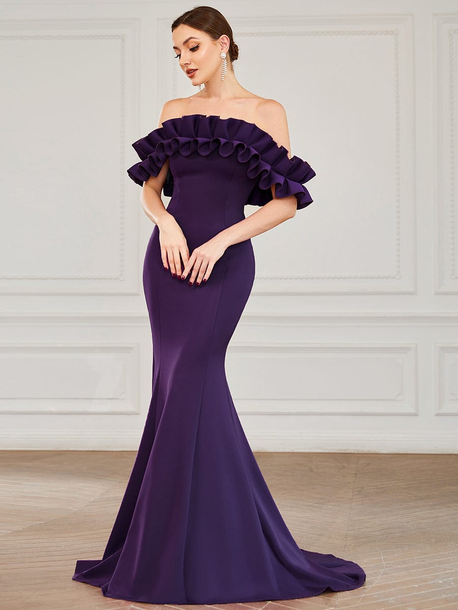 Sweet Ruffled Off Shoulder Mermaid Maxi Evening Dress #color_Dark Purple