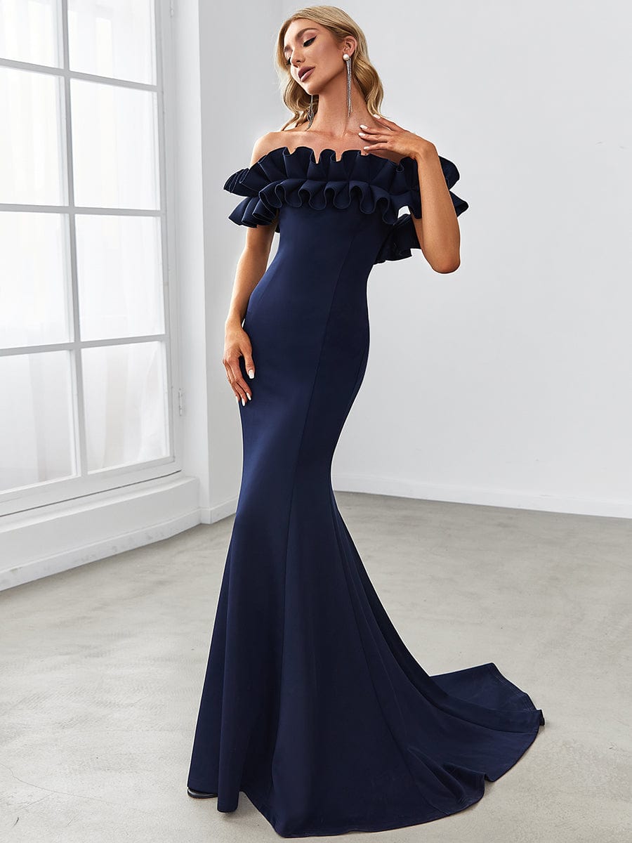 Sweet Ruffled Off Shoulder Mermaid Maxi Evening Dress #color_Navy Blue