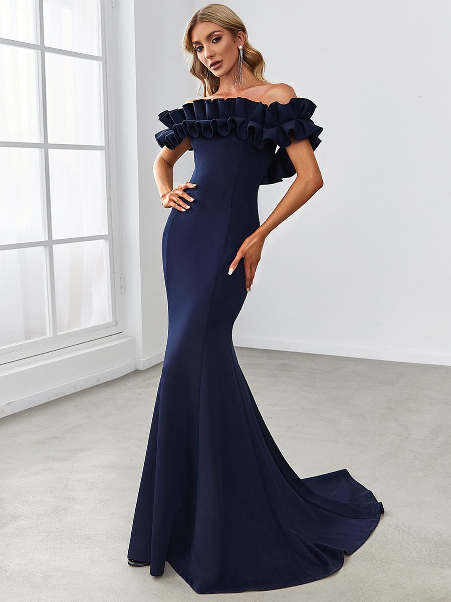 Sweet Ruffled Off Shoulder Mermaid Maxi Evening Dress #color_Navy Blue